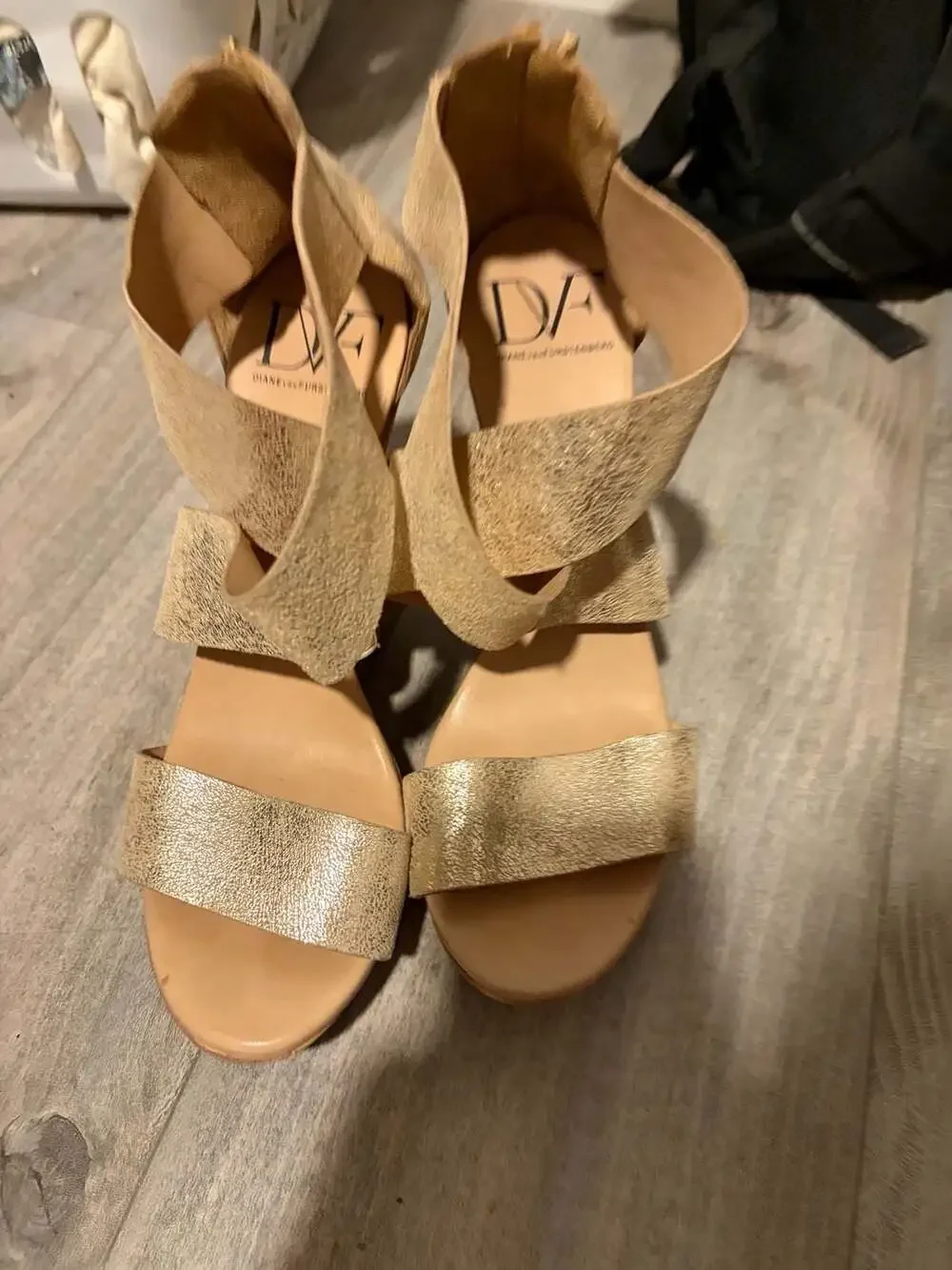 Diane von Furstenberg Gold Metallic Wood Wedge Sandals
